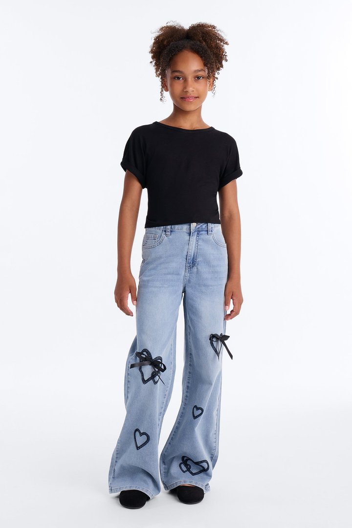 Mini No Drama Embroidered Wide Leg Jeans - Light Wash