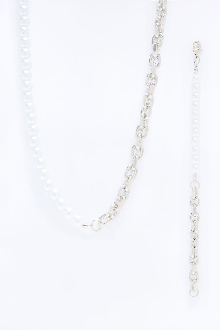 Pearl Chain Link Bracelet And Necklace Set - Silver