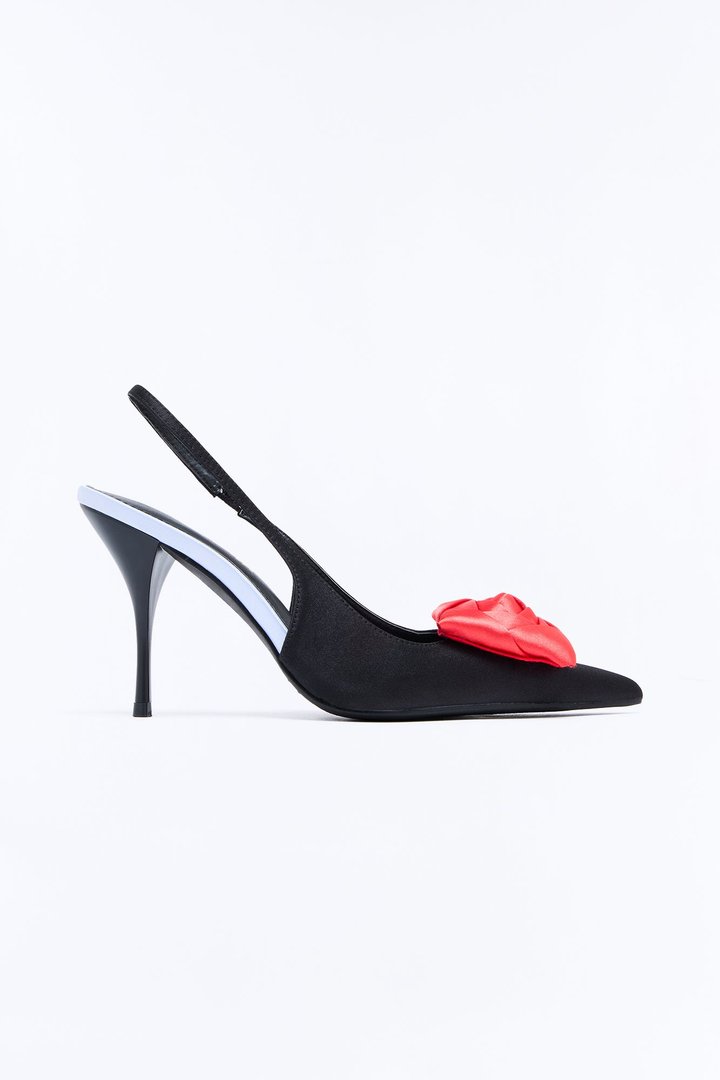 Be Bold Satin Flower Slingback Pumps - Black/Red