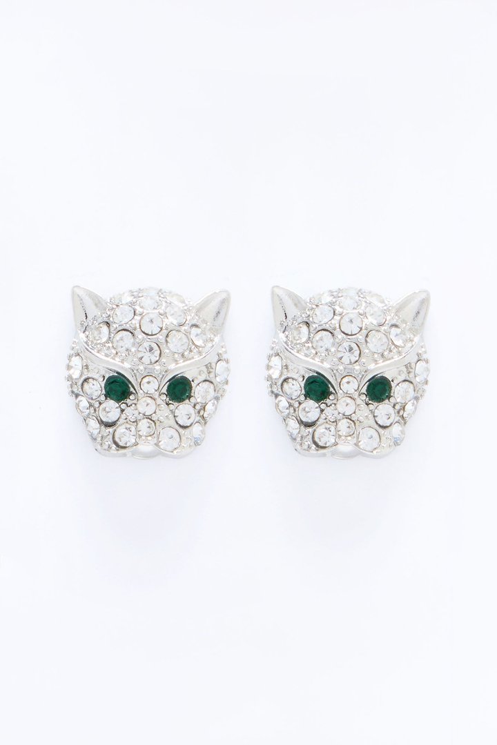 Rhinestone Panther Stud Earrings - Silver