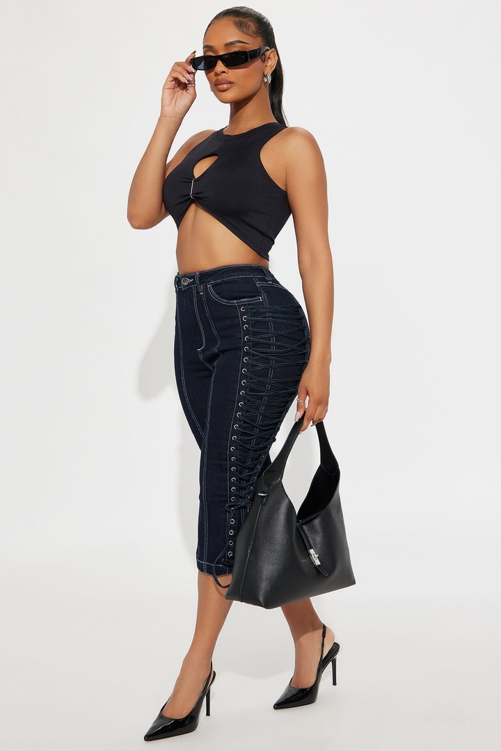 Laced Up Capri Kick Flare Jeans - Dark Wash
