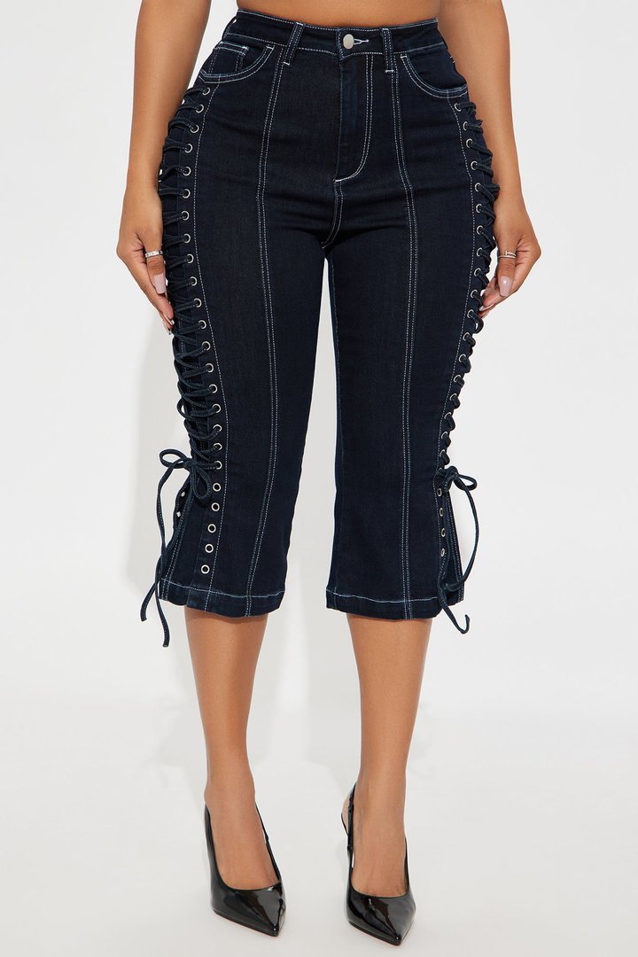 Laced Up Capri Kick Flare Jeans - Dark Wash