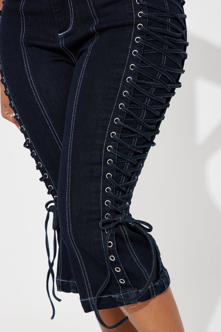 Laced Up Capri Kick Flare Jeans - Dark Wash