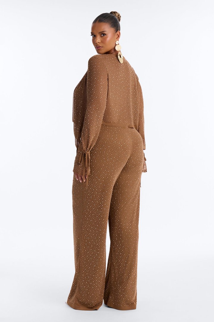 Silent Muse Rhinestone Cowl Neck Mesh Pant Set - Mocha