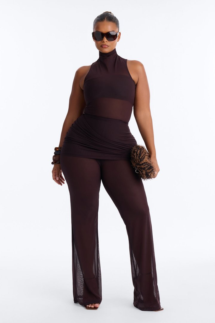Power Mesh Foldover Ruched Flare Pant - Chocolate