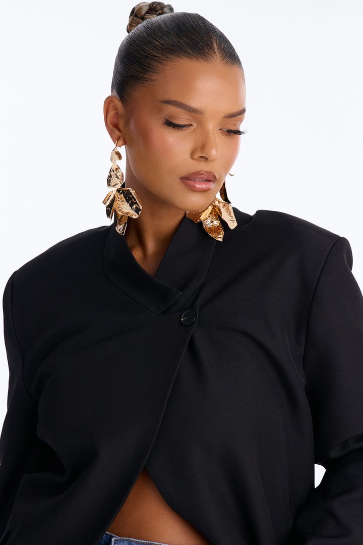 Gianna Cross Front High Collar Open Blazer - Black