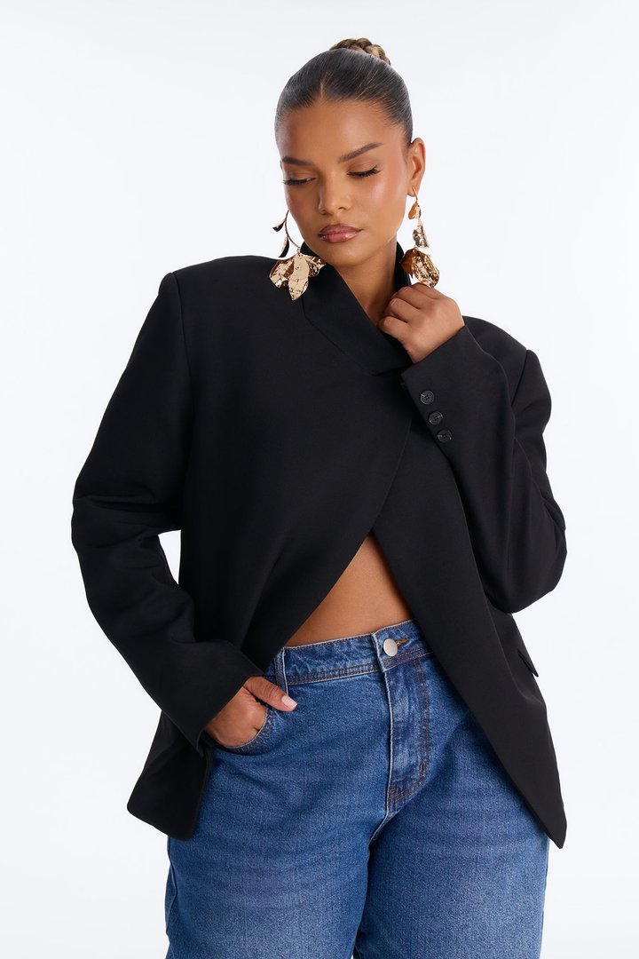 Gianna Cross Front High Collar Open Blazer - Black