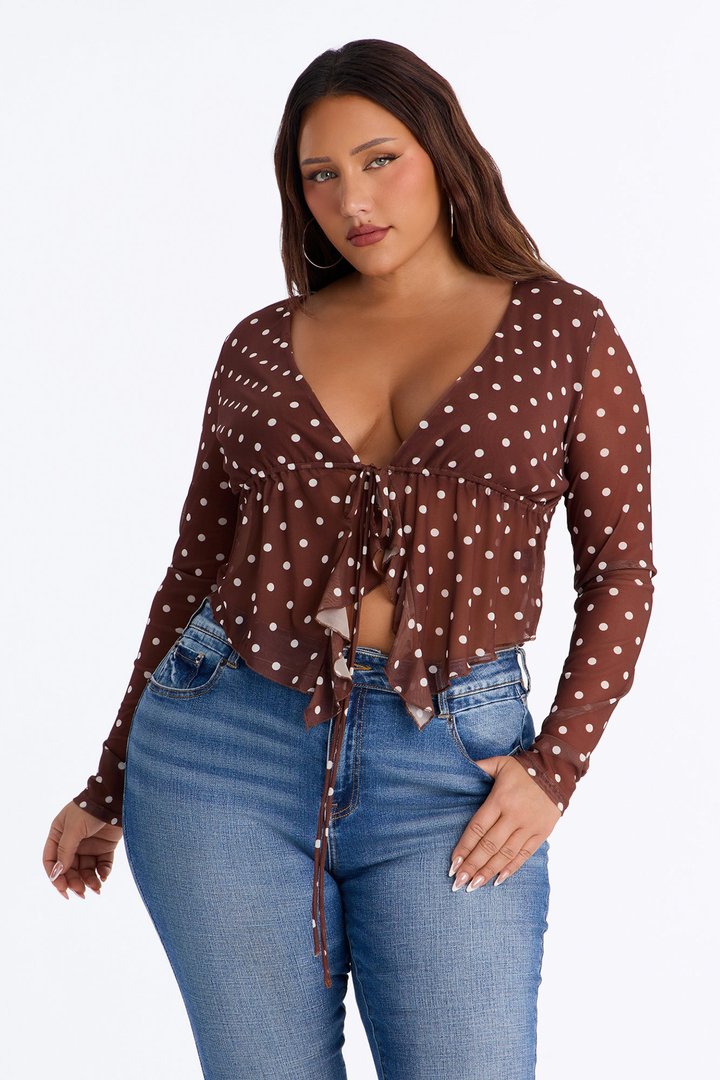 Melissa Polka Dot Ruffle Mesh Flyaway Top - Chocolate/Combo