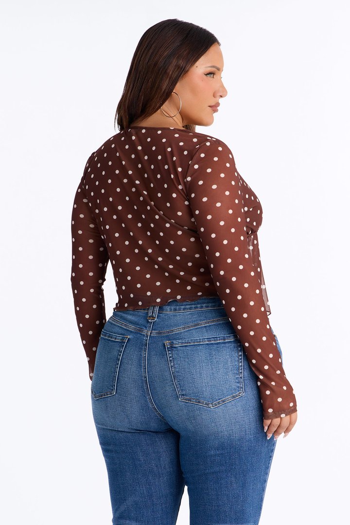 Melissa Polka Dot Ruffle Mesh Flyaway Top - Chocolate/Combo