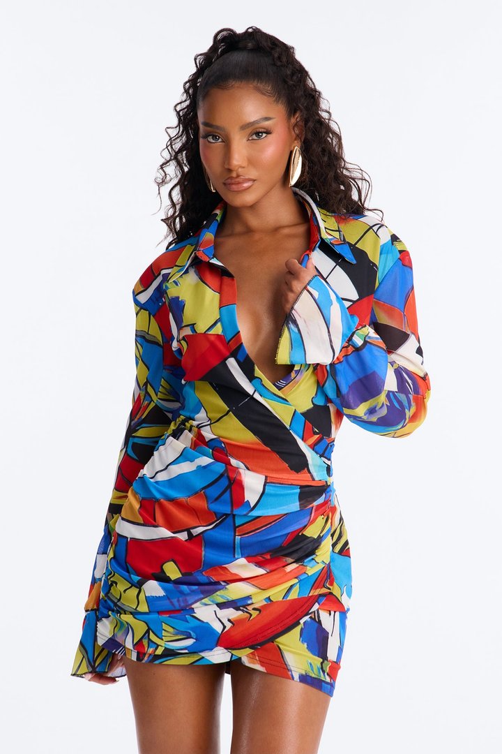 Rowan Collar Abstract Mesh Mini Dress - MultiColor