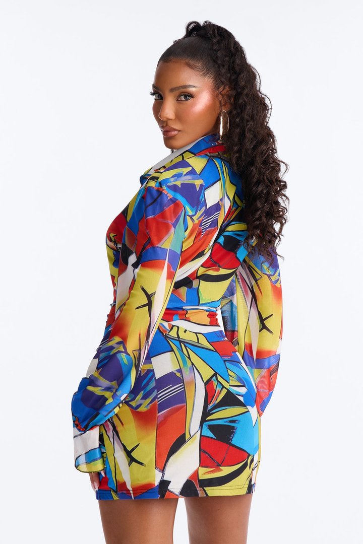 Rowan Collar Abstract Mesh Mini Dress - MultiColor