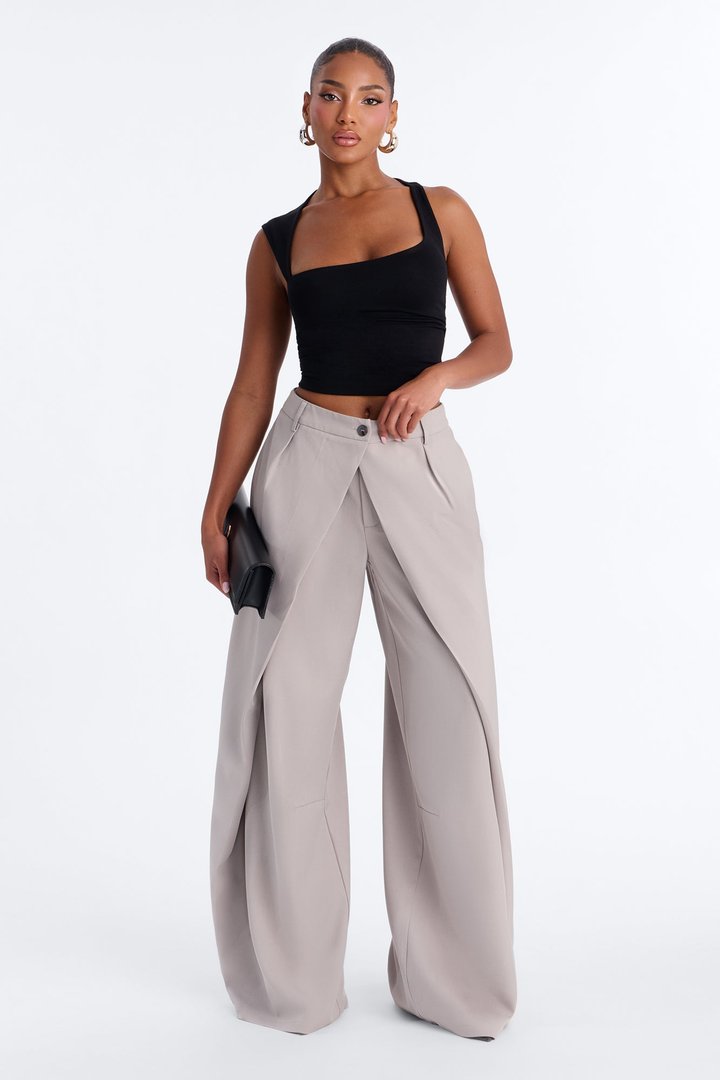 Margaret Solid Wide Leg Front Wrap Trouser Pant - Light Grey
