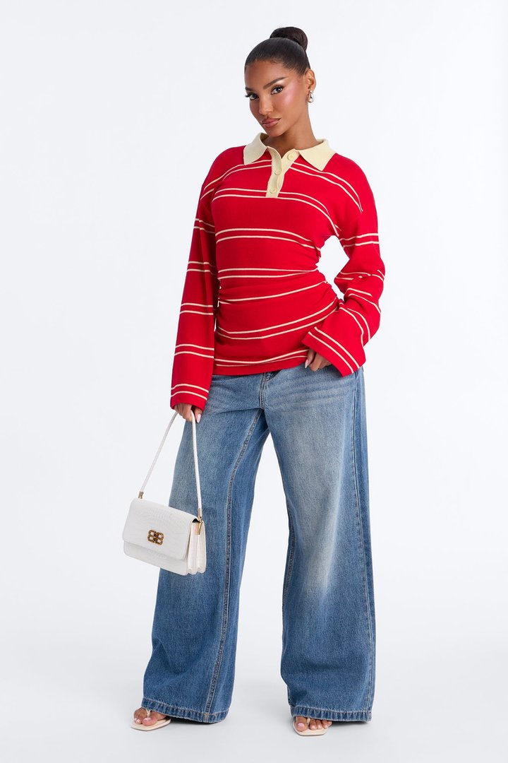 Snuggle Season Striped Polo Sweater - Red/combo