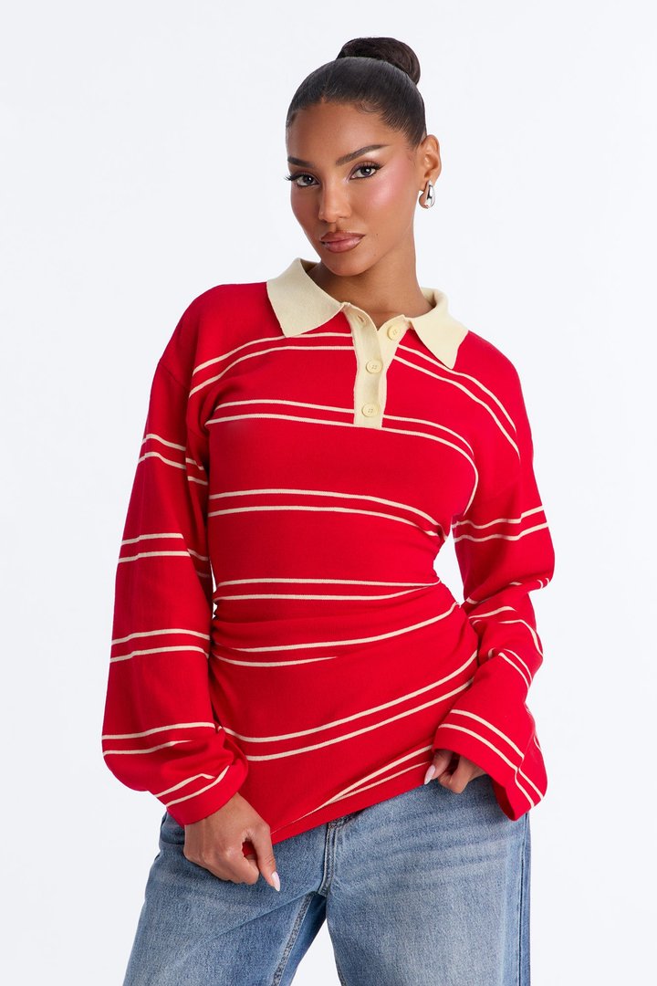 Snuggle Season Striped Polo Sweater - Red/combo