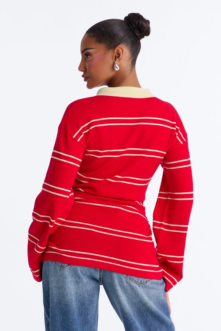 Snuggle Season Striped Polo Sweater - Red/combo
