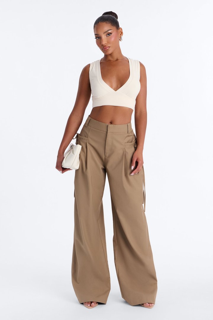 Avonlea Oversized Tie Pocket Wide Leg Trouser - Khaki