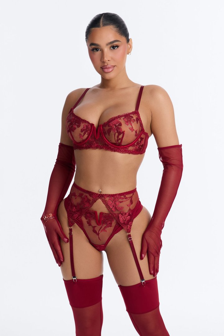 Follow Me Mesh Embroidered 5 Piece Bra & Panty Garter Set - Wine