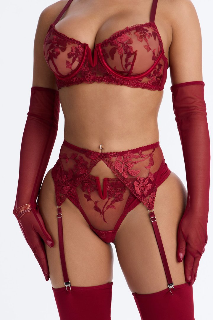 Follow Me Mesh Embroidered 5 Piece Bra & Panty Garter Set - Wine