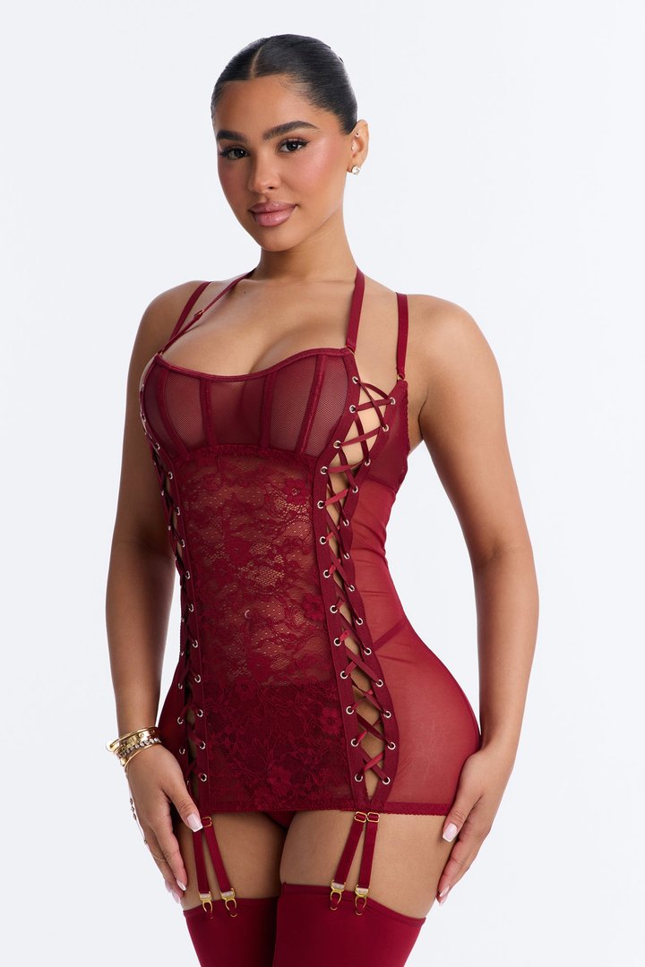 Dangerous Night Lace Up Double Straps Garter Chemise - Burgundy