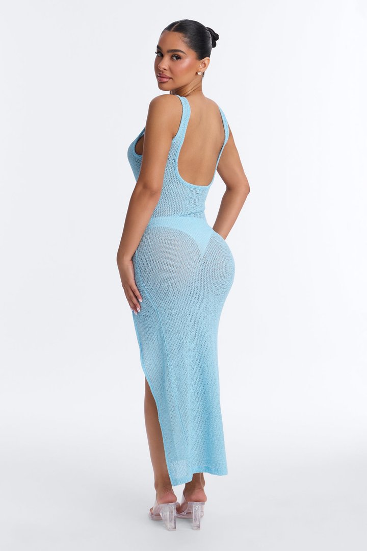 Ocean Breeze Knit Slit Cover Up Maxi Dress - SkyBlue