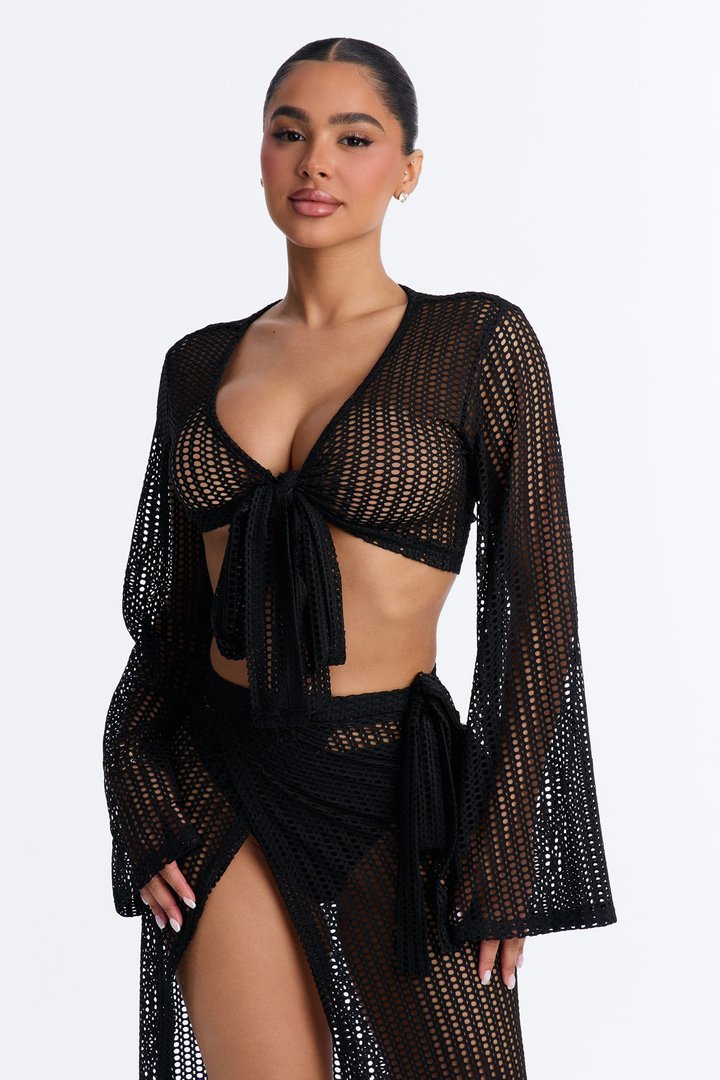 Island Breeze Crochet Fishnet Cover Up Sarong Skirt Set - Black