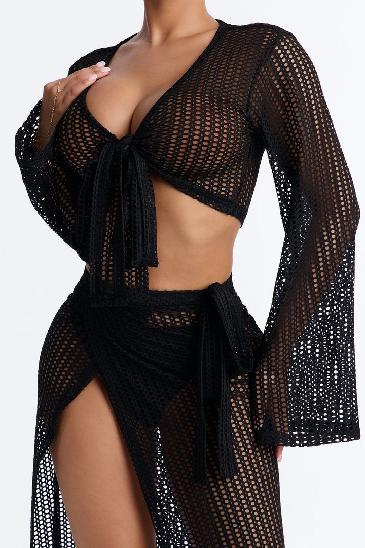 Island Breeze Crochet Fishnet Cover Up Sarong Skirt Set - Black