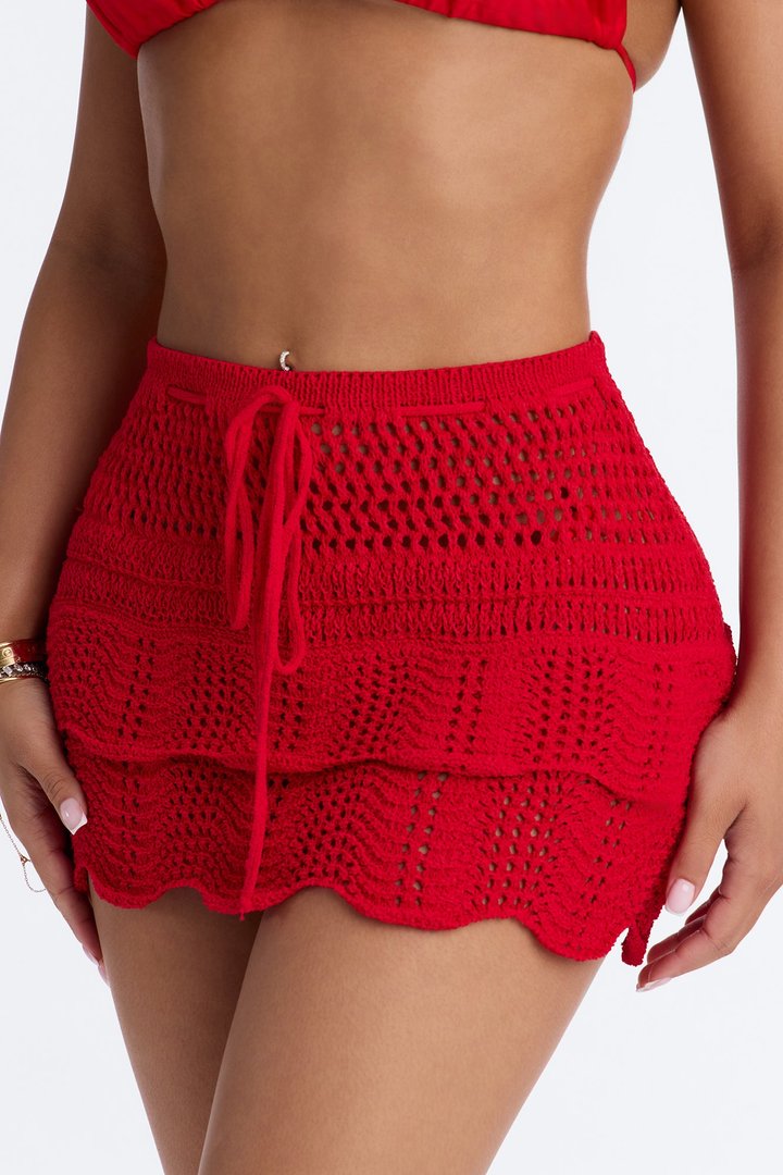 All Sun Crochet Drawstring Ruffle Trim Mini Swim Cover Up Skirt - Red