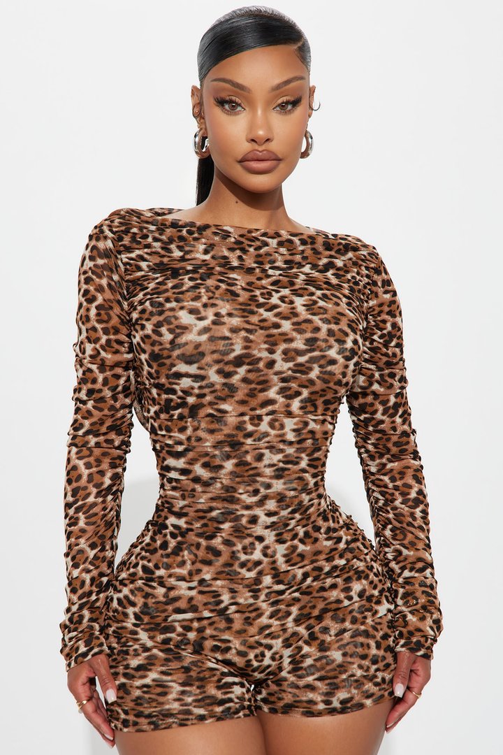 Nyra Leopard Mesh Long Sleeve Romper - Brown Combo