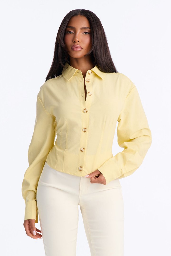 Blair Poplin Cinched Waist Long Sleeve Shirt - ButterYellow