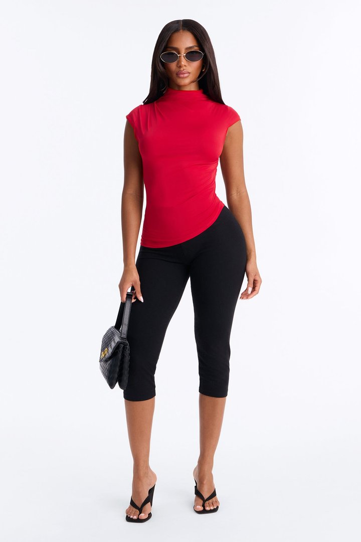 Ines Asymmetrical Ruched High Neck Top - DarkRed
