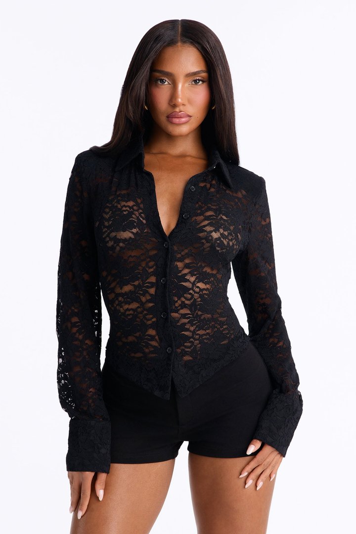 Lian Lace Padded Long Sleeve Button Up Shirt - Black