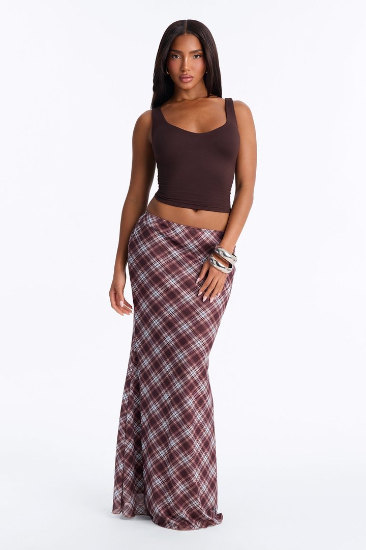 Pretty In Plaid Mesh Maxi Skirt - Brown/combo
