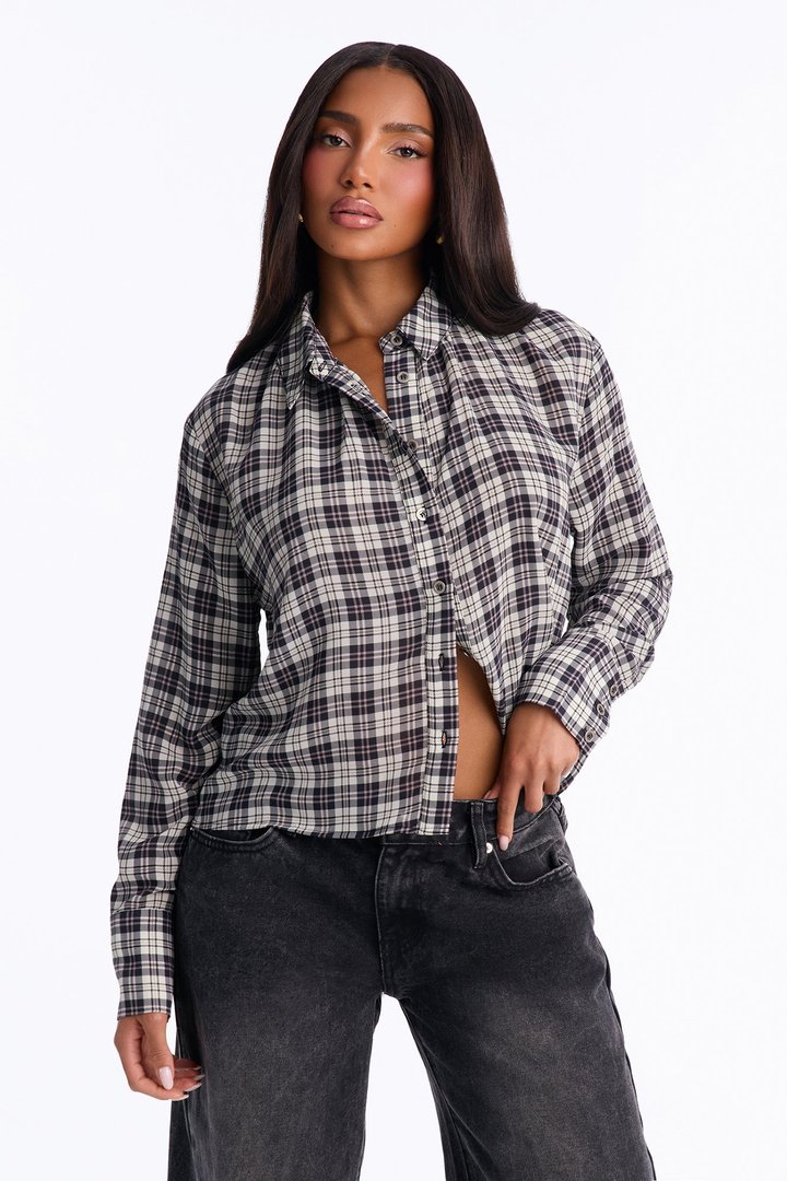 Leni Plaid Chiffon Long Sleeve Shirt - Black/combo