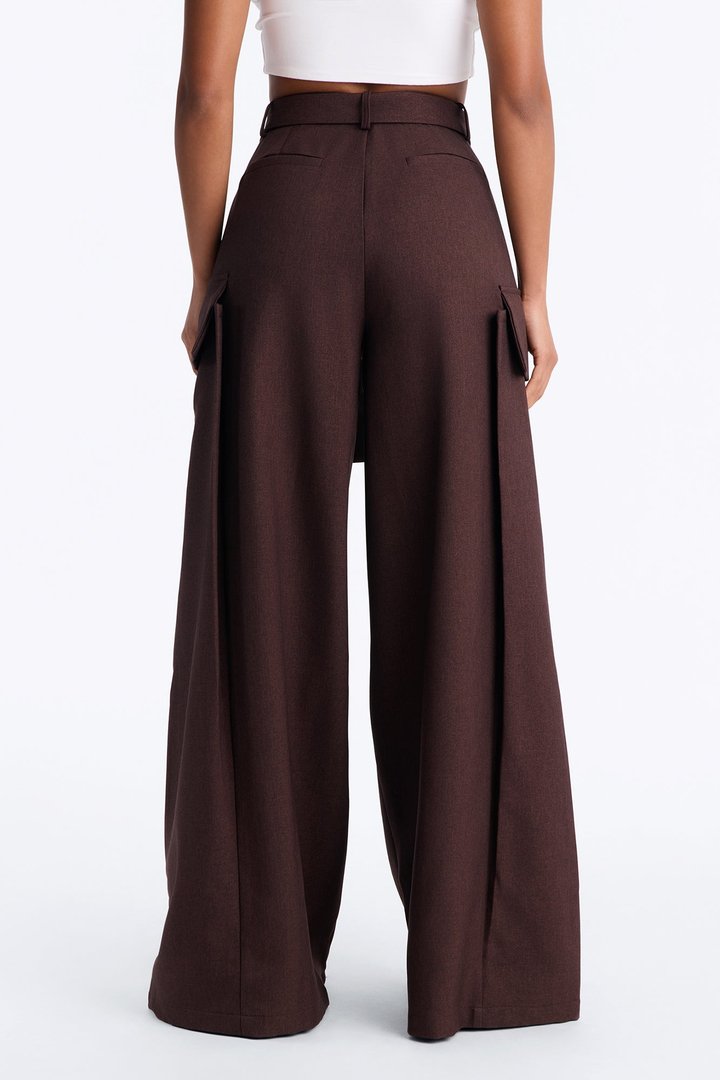 Caroline High Waisted Belted Cargo Wide Leg Trouser - Chocolate