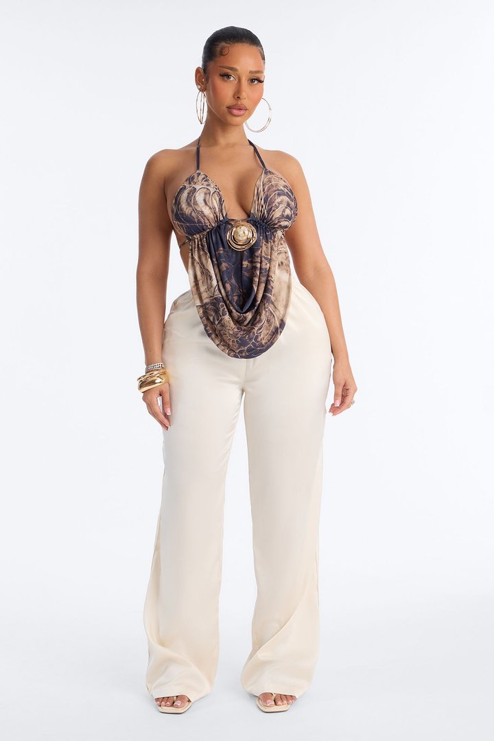 Sienna Hardware Abstract Mesh Halter Top - Brown/combo