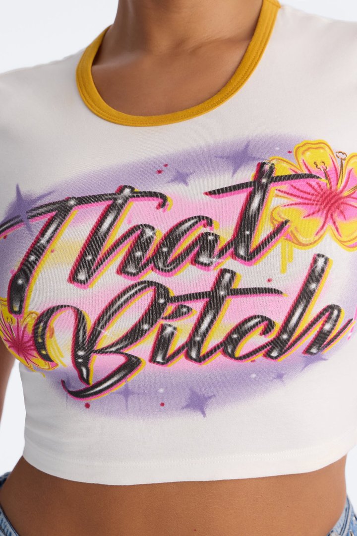 That Bitch Floral Airbrushed Baby Tee - Ivory