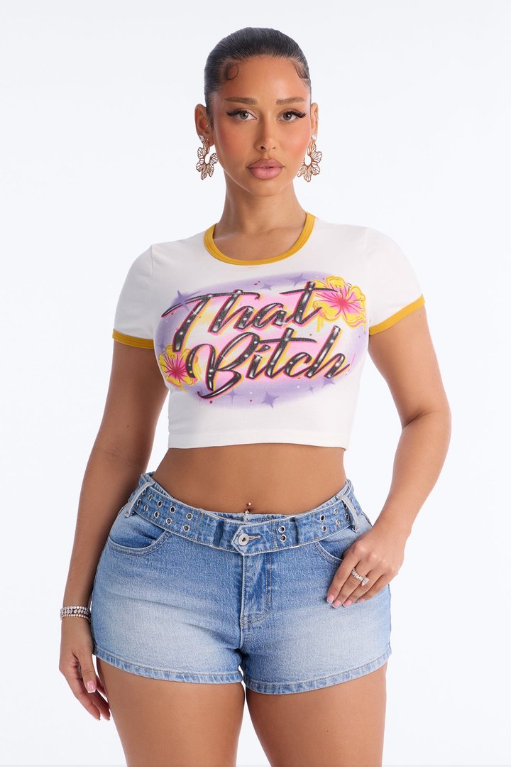 That Bitch Floral Airbrushed Baby Tee - Ivory