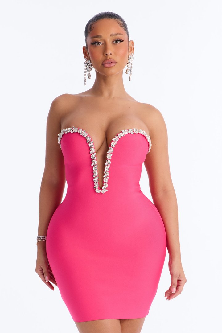 Sweetest Heart Embellished Mini Dress - Hot Pink