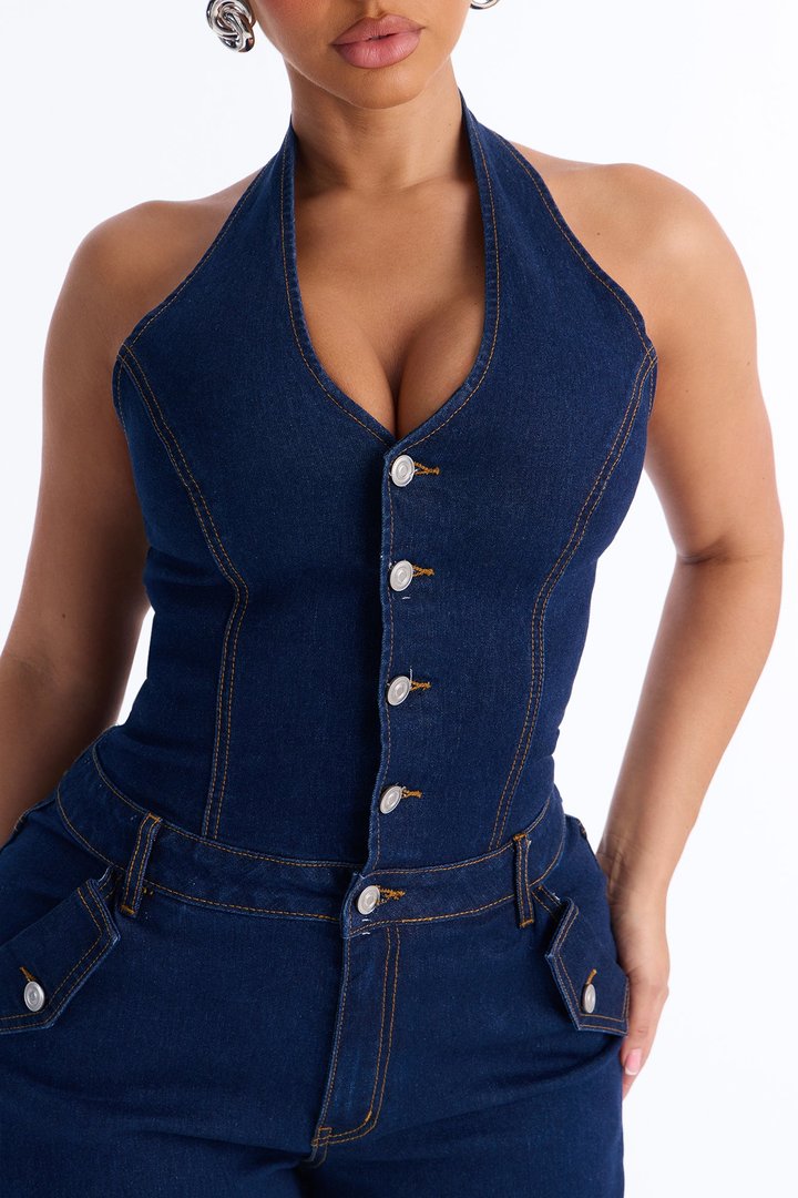 Riley Barrel Leg Halter Jumpsuit - DarkWash