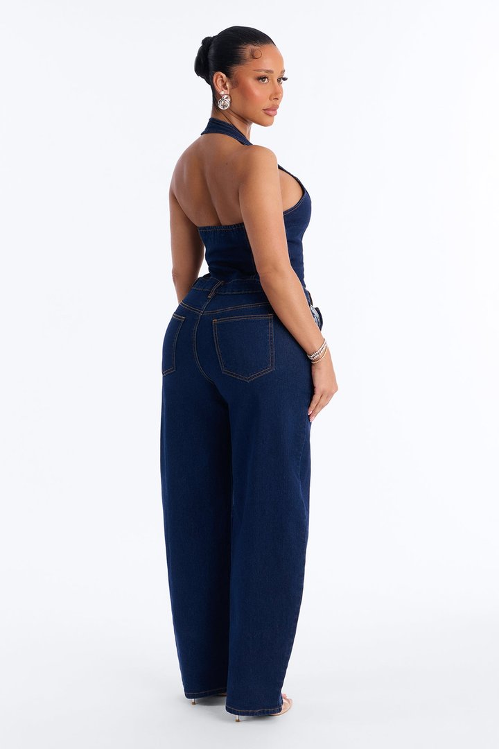 Riley Barrel Leg Halter Jumpsuit - DarkWash