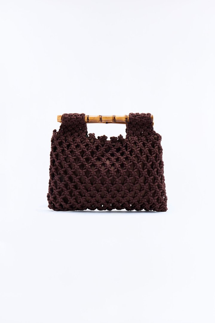 Palm Weave Crochet Satchel Handbag - Brown