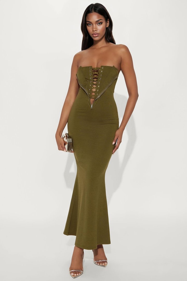 Kiara Lace Up Maxi Dress - Olive