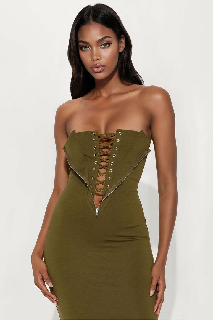 Kiara Lace Up Maxi Dress - Olive
