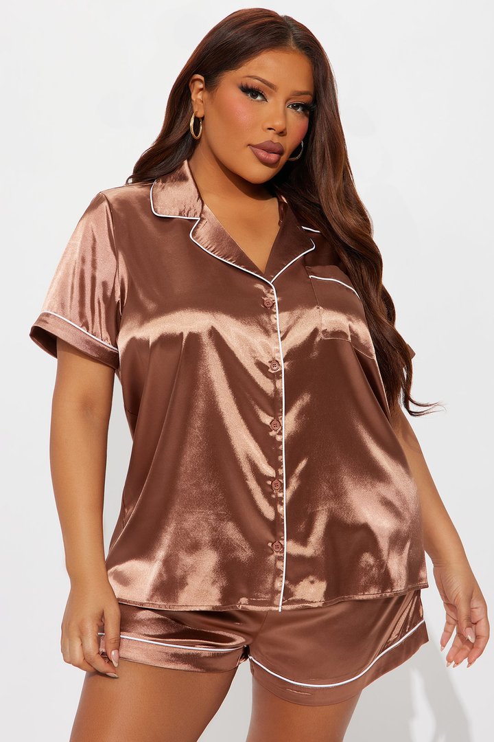 Bedtime Stretch Satin Short Sleeve PJ Short Set - Mocha