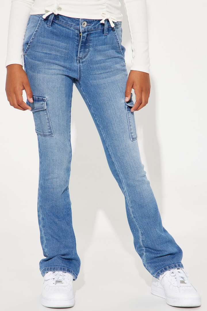 Mini Denim Cargo Pocket Flare Jeans - Medium Wash