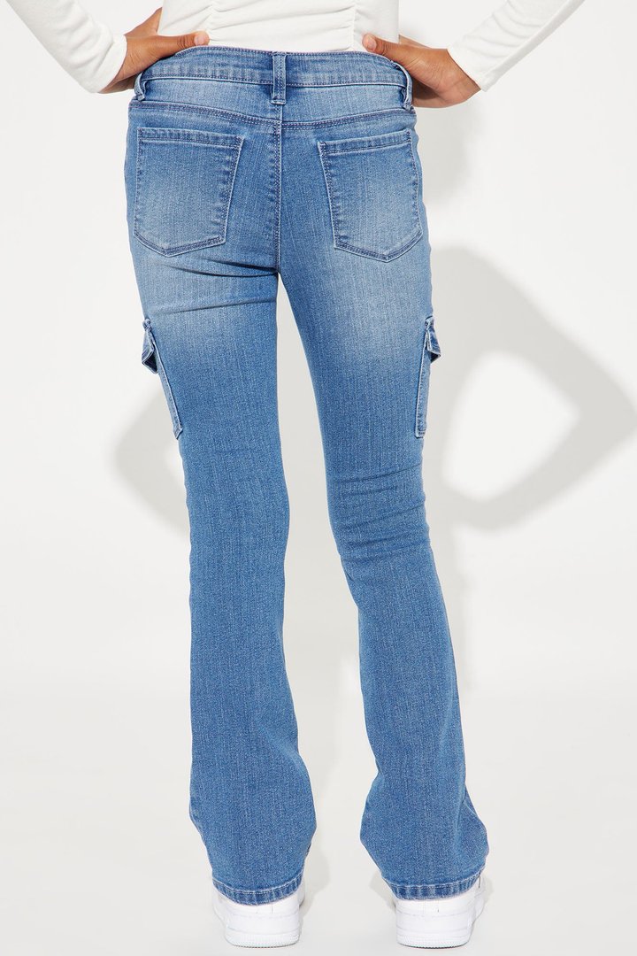 Mini Denim Cargo Pocket Flare Jeans - Medium Wash