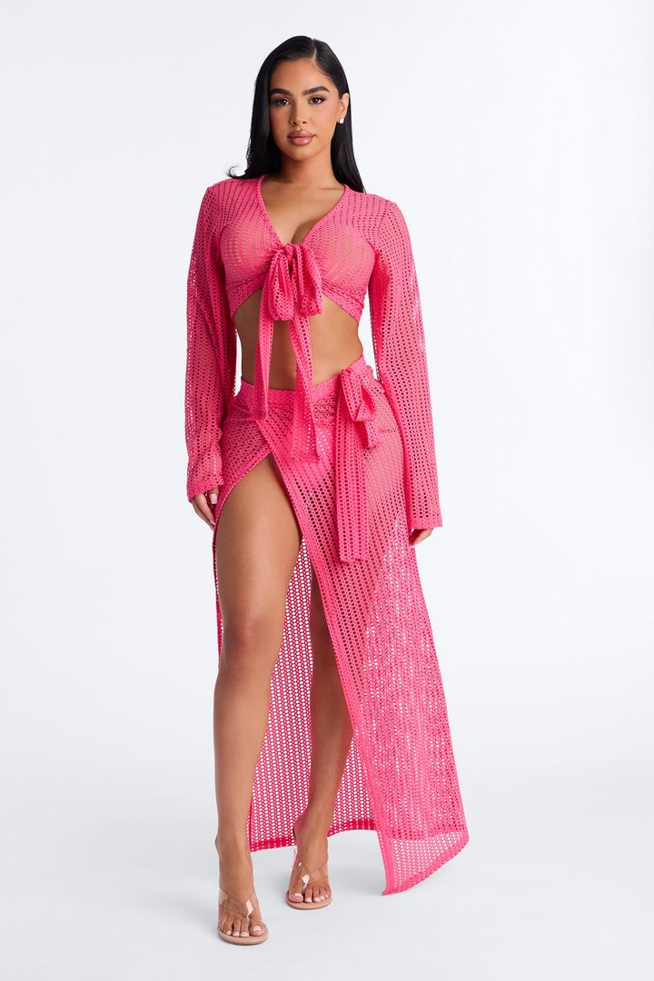 Island Breeze Crochet Fishnet Cover Up Sarong Skirt Set - Hot Pink