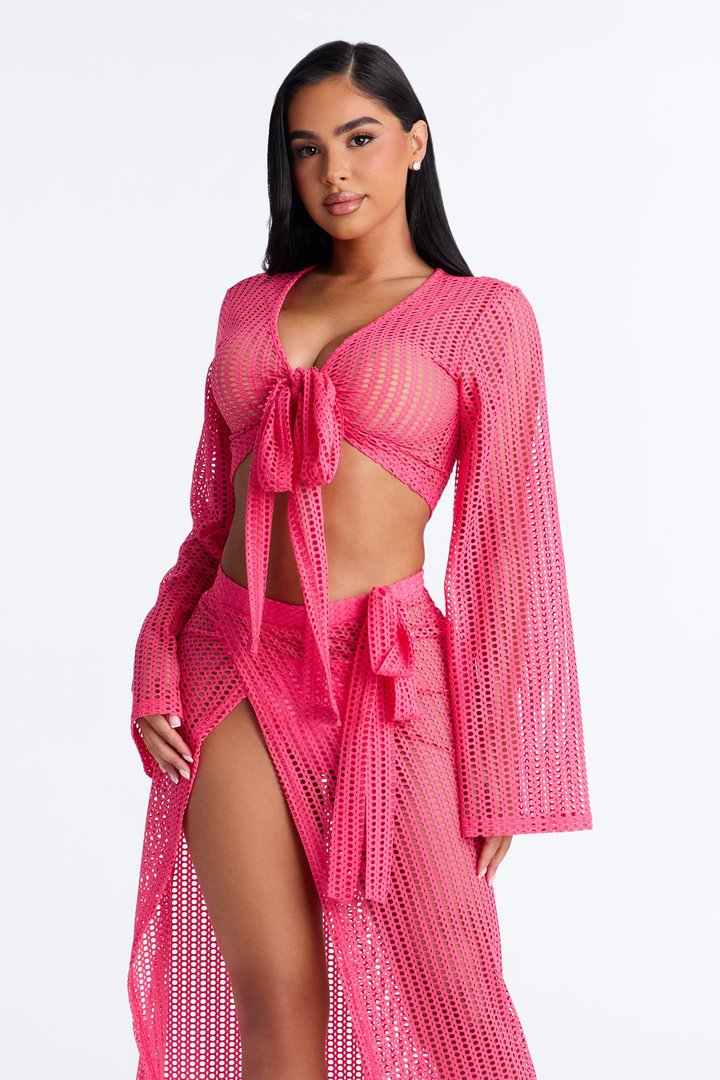 Island Breeze Crochet Fishnet Cover Up Sarong Skirt Set - Hot Pink