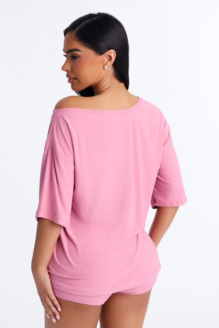 No Sleep Club Off Shoulder PJ Short Set - Pink