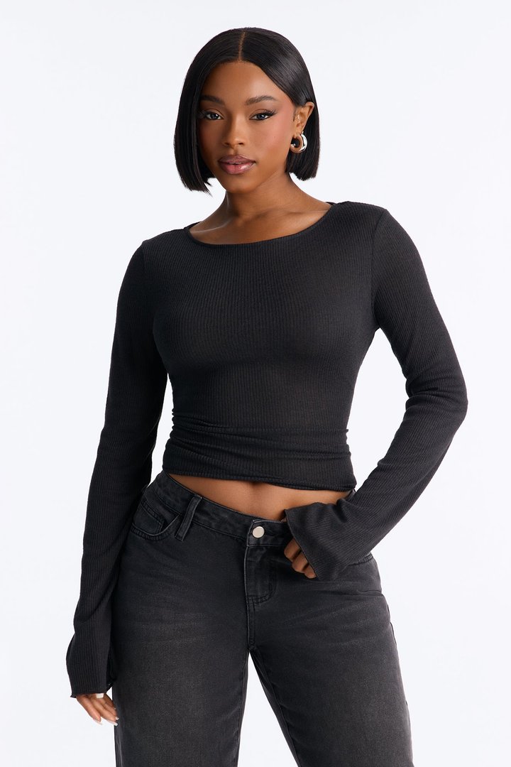 Radiant Ribbed Boat Neck Top - Black
